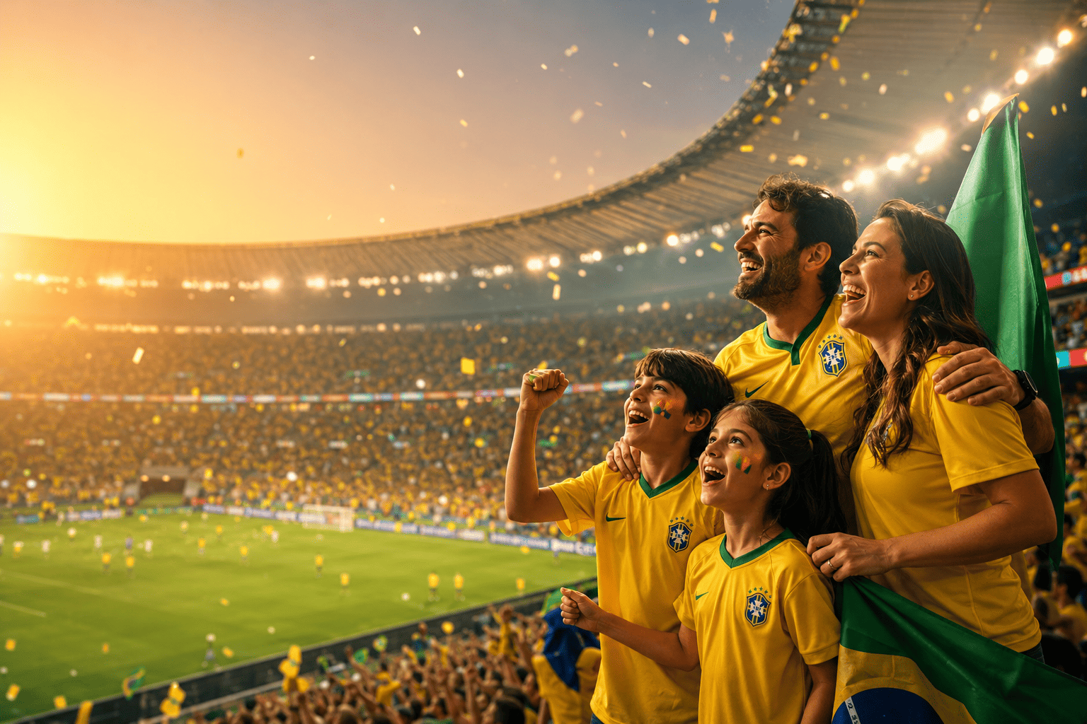Família brasileira vibrando em estádio durante a Copa do Mundo